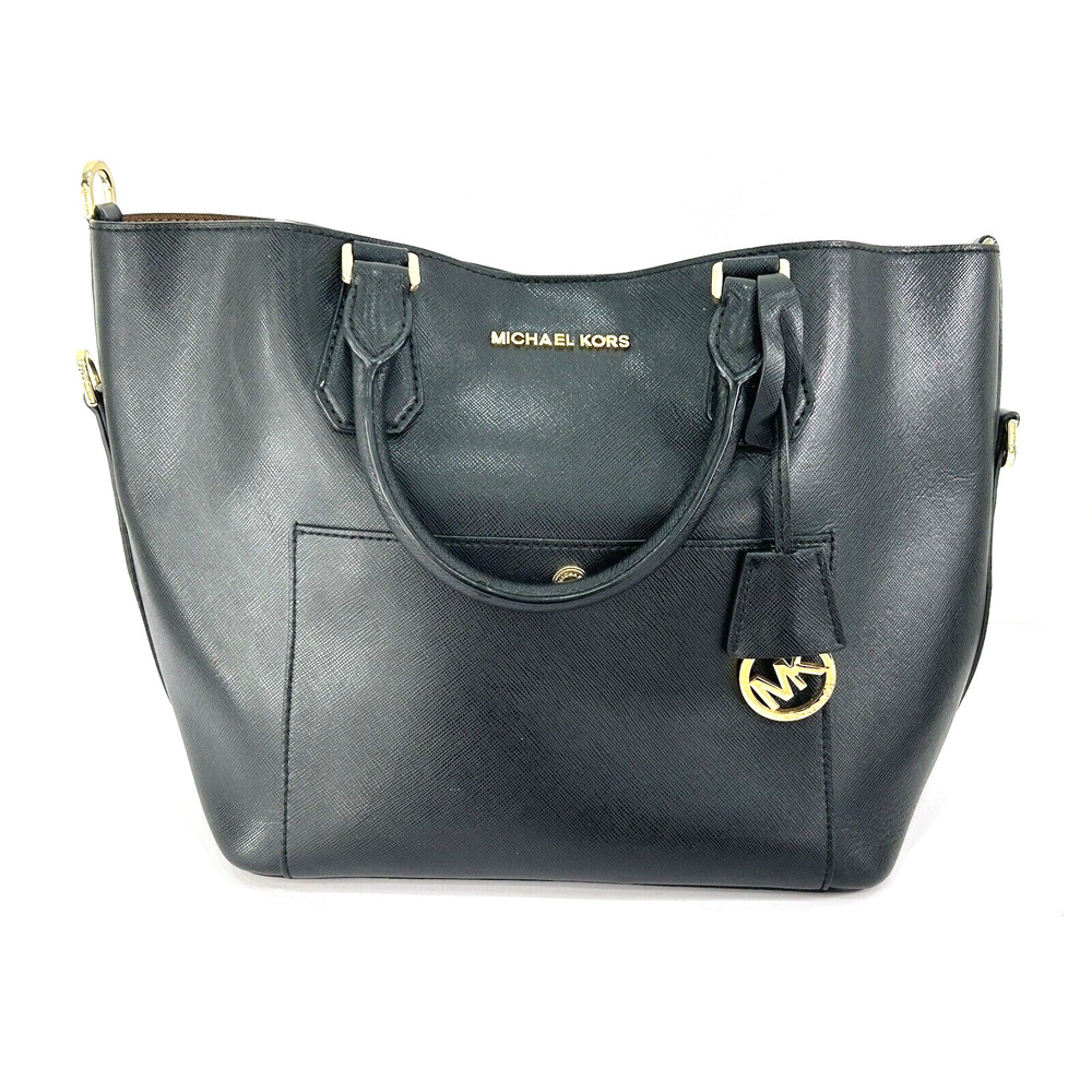 Michael Kors Black Saffiano Large Sutton Satchel Tote Purse Gold Hardware